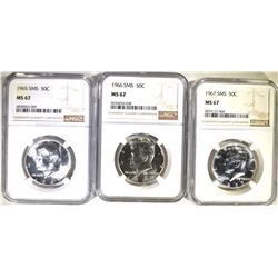 1965, 66 & 67 SMS KENNEDY HALF DOLLARS, NGC MS-67