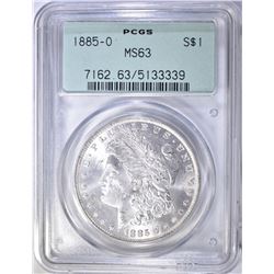 1885-O MORGAN DOLLAR, PCGS MS-63 GREEN HOLDER