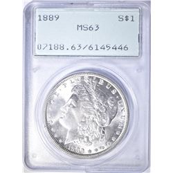 1889 MORGAN DOLLAR, PCGS MS-63 "RATTLER" HOLDER
