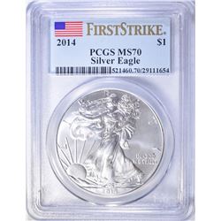 2014 AMERICAN SILVER EAGLE, PCGS MS-70 1st STRIKE