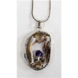 Lace Agate Geode Slab Amethyst Pendant Necklace