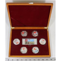 WOOD BOX OF COLLECTOR TOKENS