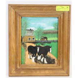 OIL ON BOARD TWO HORSES WITH MARK "N"