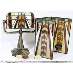 2 PARTLY LIGHT TEA LIGHT HOLDERS, GLASS AND BRASS.