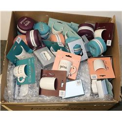 BOX OF ASSORTED MINI 5 OZ MUGS AND ZIPPERED