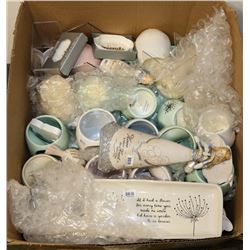 BOX OF NEW ASSORTED DECORATIONS, CANDLES AND MORE