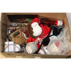 BOX OF ASSORTED WINTER DECORATIONS AND MORE