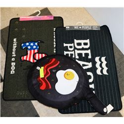 2 FLOOR MATS AND A BACON AND EGG PILLOW