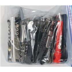 BAG OF ASSORTED CORKSCREWS AND BOTTLE OPENERS.