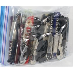 BAG OF ASSORTED CORKSCREWS AND BOTTLE OPENERS.