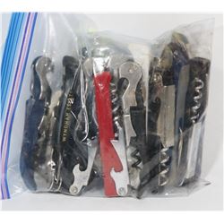 BAG OF ASSORTED CORKSCREWS AND BOTTLE OPENERS.