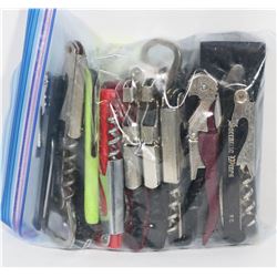 BAG OF ASSORTED CORKSCREWS AND BOTTLE OPENERS.