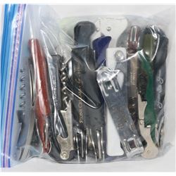 BAG OF ASSORTED CORKSCREWS AND BOTTLE OPENERS.