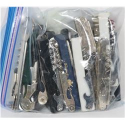 BAG OF ASSORTED CORKSCREWS AND BOTTLE OPENERS.