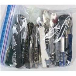 BAG OF ASSORTED CORKSCREWS AND BOTTLE OPENERS.