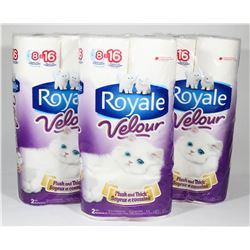 3 PACKS OF 8 ROLLS ROYALE VELOUR TOILET PAPER.