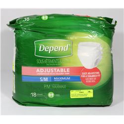 PACK OF 18 DEPENDS SMALL ADJUSTABLE UNDERWEAR