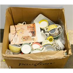 BOX OF NEW MUGS, CANDLES AND MORE