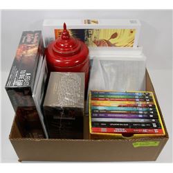 BOX OF GAMES, PUZZLE, BOOKS, PICTURES AND MORE.