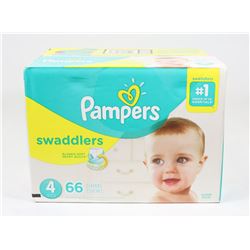 BOX OF 66 PAMPERS SWADDLERS, SIZE 4.