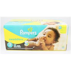 BOX OF 88 PAMPERS SWADDLERS, SIZE 3.