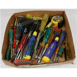 FLAT OF ASSORTED SCREWDRIVERS, TAPE MEASURES