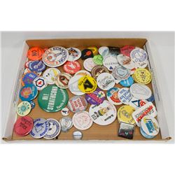 LOT OF VINTAGE PIN BACK BUTTONS.