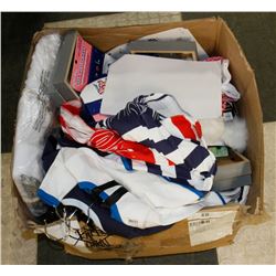 BOX OF ASSORTED NEW BABY CLOTHES, DECORATIONS,