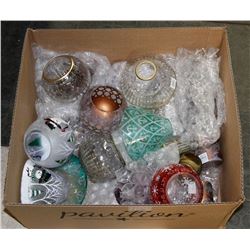 BOX OF ASSORTED GLASS CANDLE HOLDERS AND MORE