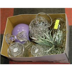 BOX OF DECORATIVE VASES, INCLUDING CRANBERRY