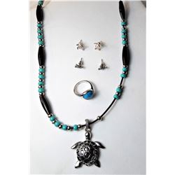 17)  SILVER TONE, TURQUOISE & HEMATITE