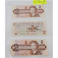 LOT OF 3, CANADA 1986 $2 BILLS
