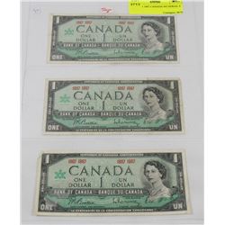LOT OF 3 1967 CANADA NO SERIAL # BILLS