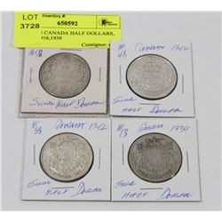 LOT OF 4 CANADA HALF DOLLARS, 2-1942, 1916,1939