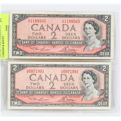 LOT OF TWO 1954 CANADIAN $2.00 BILLS LAWSON &