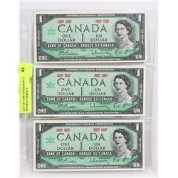 LOT OF THREE 1967 CANADIAN 1.00 BILLS WITH NO