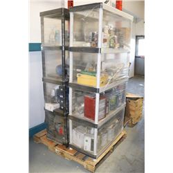 PALLET OF SHOP SUPPLIES INCLUDING 2 SHELVES