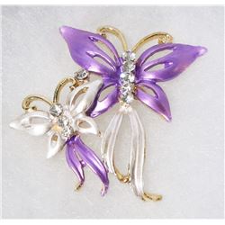 PURPLE AND WHITE DUAL BUTTERFLY RHINESTONE BROOCH