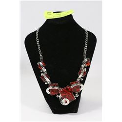DECORATIVE SILVER TONED NECKLACE WITH RED GEM