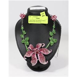 LARGE PINK AND GREEN FLORAL RHINESTONE NECKLACE