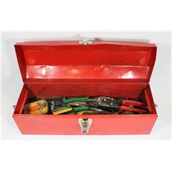 RED METAL TOOL BOX FILLED W/ TOOLS