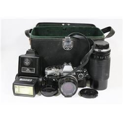 VINTAGE OLYMPUS CAMERA W/ 2 LENSES & FLASH