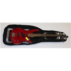 RED IBANEZ BASS GUITAR WITH SOFT CASE.