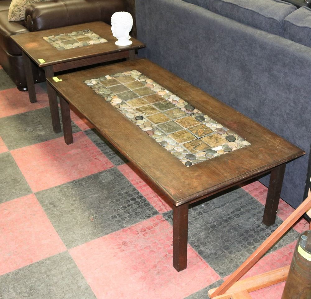 SOLID WOOD COFFEE TABLE SET WITH TILE & STONE