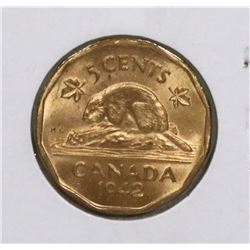BRILLIANT UNC 1942 CANADIAN TOMBAC WWII NICKEL