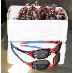 BOX OF RED  AND BLUE OAKLEY STYLED SUNGLASSES