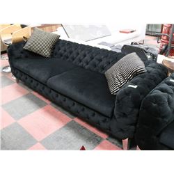 88" BLACK FABRIC SHOWHOME SOFA W/ ACCENT PILLOWS.