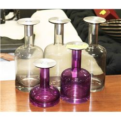 5PC SHOWHOME PURPLE & GREY GLASS CANDLE STANDS.
