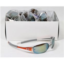 BOX OF ORANGE AND SILVER OAKLEY STYLED SUNGLASSES