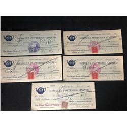 1930'S MEDALTA POTTERIES USED SIGNED CHEQUES LOT (ALBERTA CANADA)